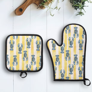 Nautisch blau waterverf kreeft geel streep ovenwant & pannenlap set