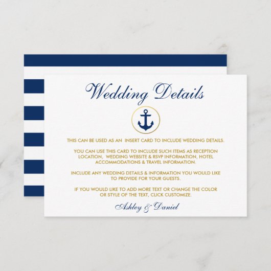 Nautisch Blauw Anker Bruiloft Details Invoegen Kaa Informatiekaartje (Voorkant / Achterkant)