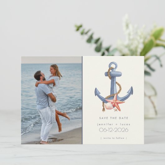 Nautisch blauw anker foto strand bruiloft save the date (Staand voorkant)
