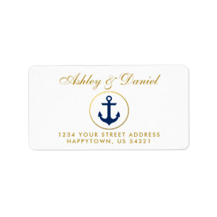 Nautisch Blauw Anker Gouden Huwelijksadres Etiket