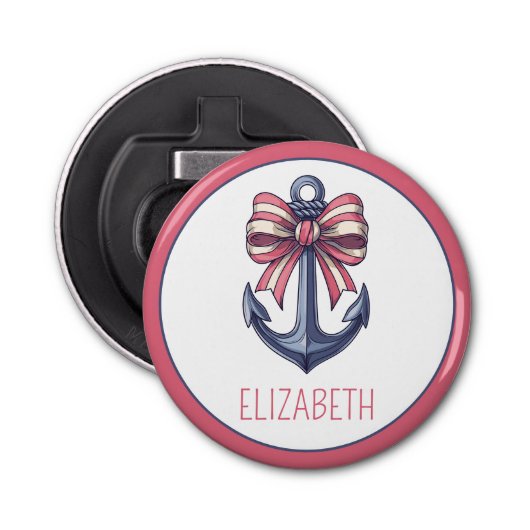 Nautisch blauw anker met rode en witte streepboog button flesopener (Voorkant)