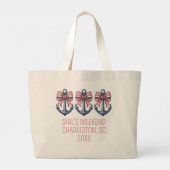 Nautisch blauw anker met rode en witte streepboog grote tote bag (Achterkant)