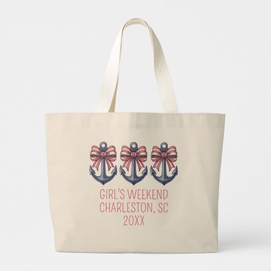 Nautisch blauw anker met rode en witte streepboog grote tote bag (Achterkant)