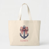 Nautisch blauw anker met rode en witte streepboog grote tote bag (Voorkant)