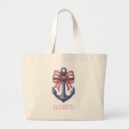 Nautisch blauw anker met rode en witte streepboog grote tote bag