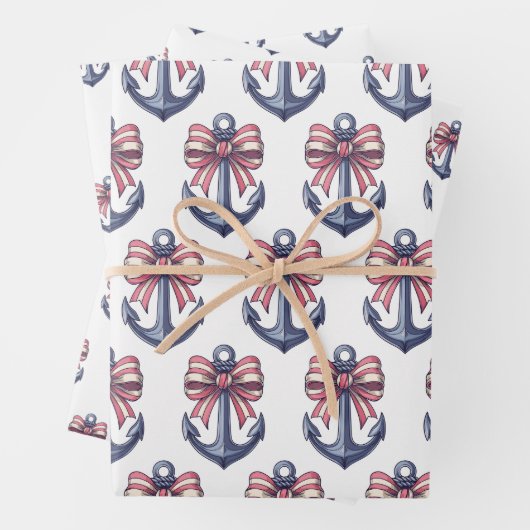 Nautisch blauw anker met rode en witte streepboog inpakpapier vel (In situ)