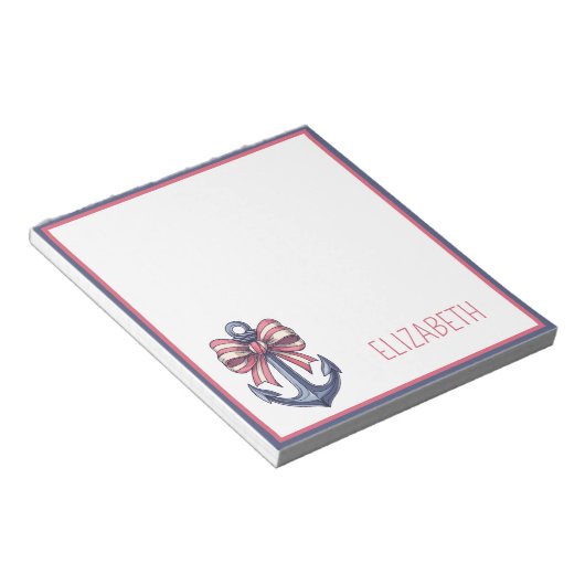 Nautisch blauw anker met rode en witte streepboog notitieblok (Schuin)