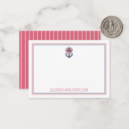 Nautisch blauw anker met rode en witte streepboog notitiekaartje