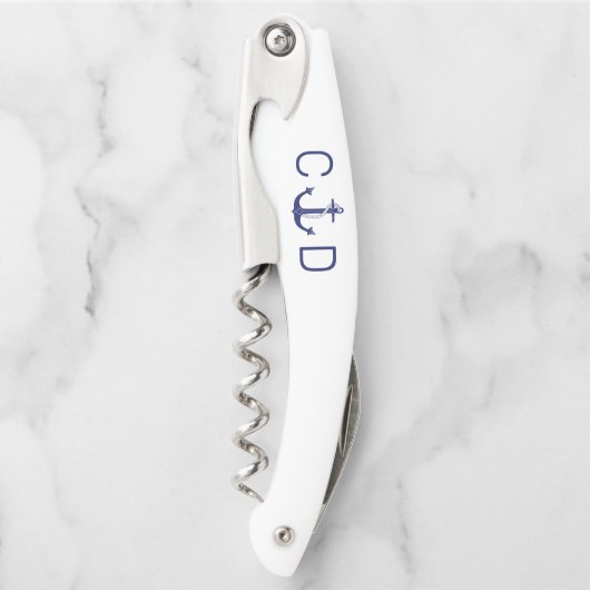 Nautisch Blauw Anker Monogram Initiaal Kurkentrekker (Voorkant)