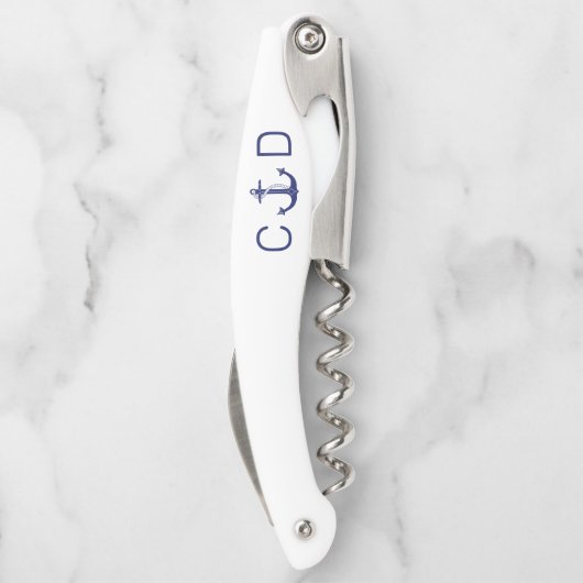 Nautisch Blauw Anker Monogram Initiaal Kurkentrekker (Achterkant)