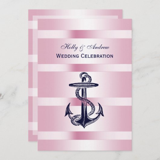 Nautisch Blauw Anker Roze BG V Bruiloft Kaart (Voorkant / Achterkant)