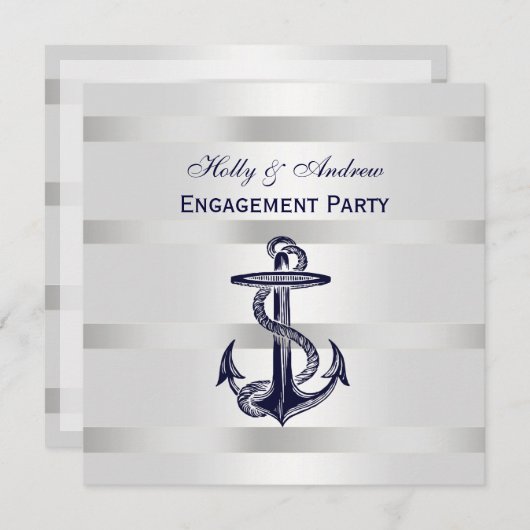 Nautisch Blauw Anker Silver Wt BG SQ Verloving Kaart (Voorkant / Achterkant)