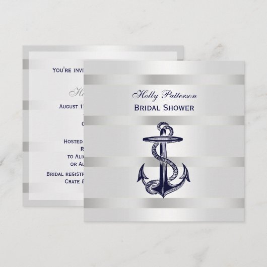 Nautisch Blauw Anker Silver Wt BG SQ Vrijgezellenf Kaart (Voorkant / Achterkant)