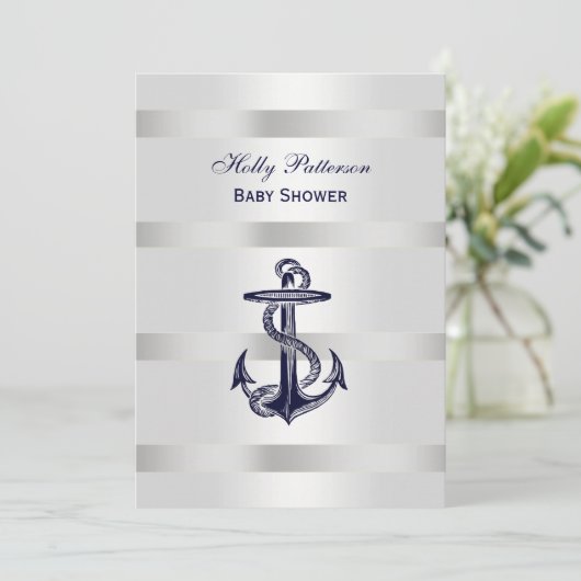 Nautisch Blauw Anker Silver Wt BG V Baby shower Kaart (Staand voorkant)