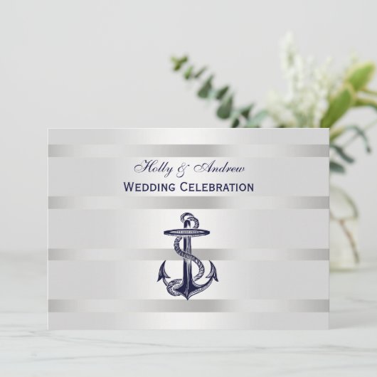 Nautisch Blauw Anker Zilver WT BG H Bruiloft Kaart (Staand voorkant)