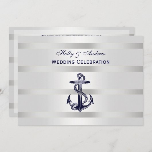 Nautisch Blauw Anker Zilver WT BG H Bruiloft Kaart (Voorkant / Achterkant)