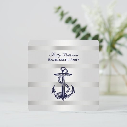 Nautisch Blauw Anker Zilver WT BG SQ Bachelorette Kaart (Staand voorkant)