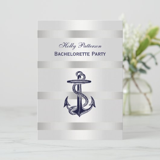 Nautisch Blauw Anker Zilver WT BG V Bachelorette Kaart (Staand voorkant)