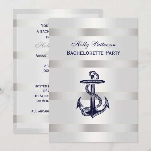 Nautisch Blauw Anker Zilver WT BG V Bachelorette Kaart (Voorkant / Achterkant)