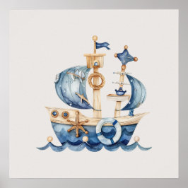 Nautisch Blauw Baby Boy Zeilschip Poster