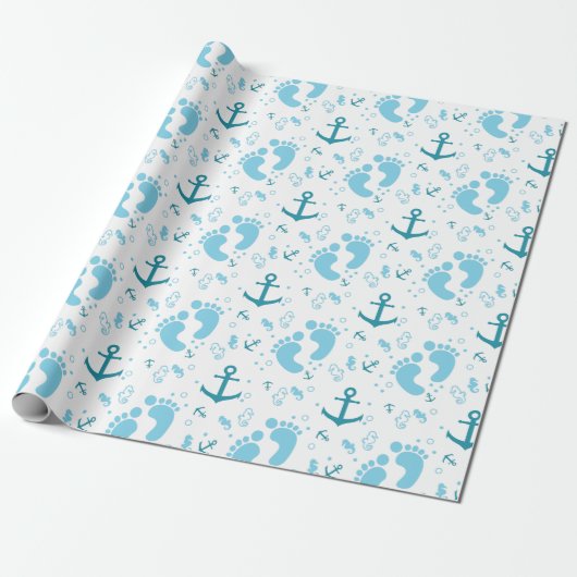 Nautisch blauw babyjongetpatroon cadeaupapier (Uitgerold)
