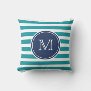 Nautisch blauw Blauwgroen Stripe Monogram Sierkuss Kussen