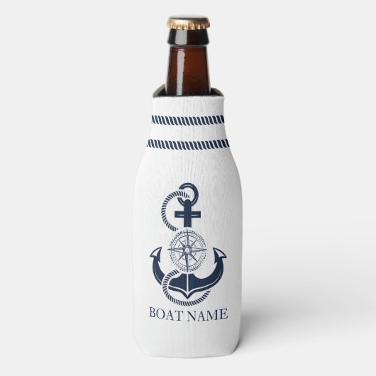 Nautisch Blauw Boot Naam Anker Flesjeskoeler (Fles Voorkant)