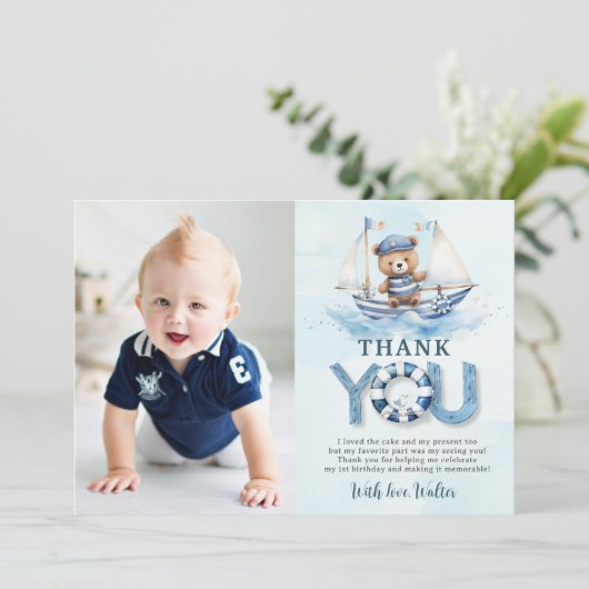 Nautisch Blauw Boot Teddy Bear Boy Verjaardagsfoto Bedankkaart (Staand voorkant)