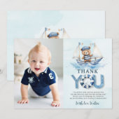 Nautisch Blauw Boot Teddy Bear Boy Verjaardagsfoto Bedankkaart (Voorkant / Achterkant)