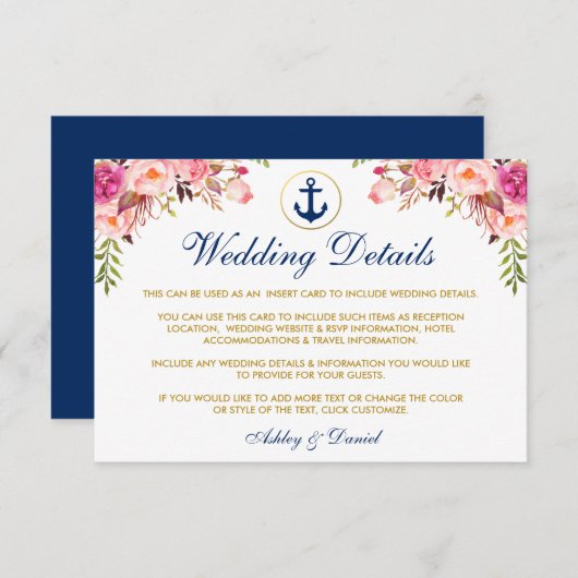 Nautisch Blauw Bruiloft Bloemen Details Invoegen K Informatiekaartje (Voorkant / Achterkant)