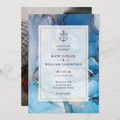 Nautisch blauw en goud agaat anker bruiloft foto kaart (Voorkant / Achterkant)