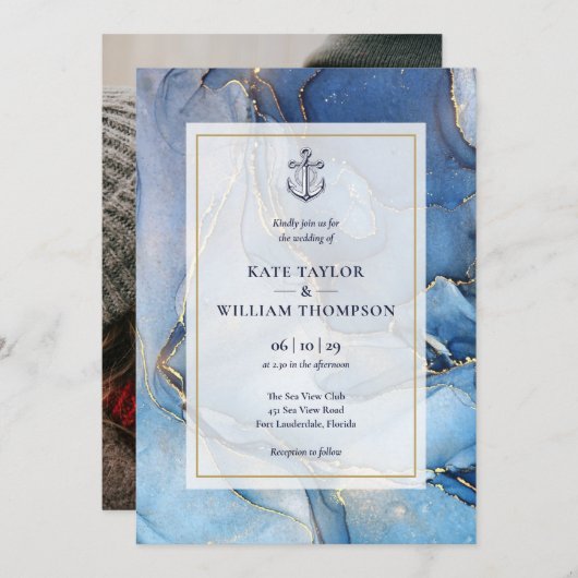 Nautisch blauw en goud agaat anker bruiloft foto kaart (Voorkant / Achterkant)