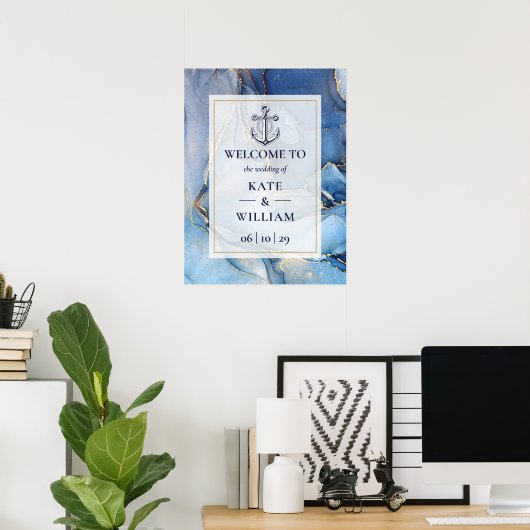 Nautisch blauw en goud agaat bruiloft welkomstbord poster (Thuiskantoor)