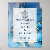 Nautisch blauw en goud agaat bruiloft welkomstbord poster (Voorkant)