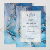 Nautisch blauw en goud agaat monogram bruiloft kaart (Voorkant / Achterkant)