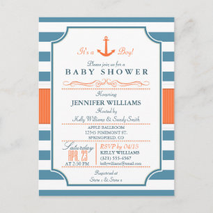 Nautisch blauw en Oranje Anker Baby shower Uitnodiging Briefkaart