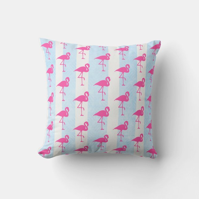 Nautisch blauw en roze Flamingo Beach House Kussen (Voorkant)