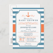 Nautisch blauw en Sinaasappel Anker Baby shower Uitnodiging Briefkaart (Voorkant / Achterkant)