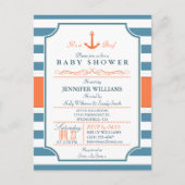 Nautisch blauw en Sinaasappel Anker Baby shower Uitnodiging Briefkaart (Voorkant)