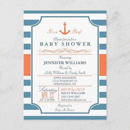 Nautisch blauw en Sinaasappel Anker Baby shower Uitnodiging Briefkaart (Voorkant)