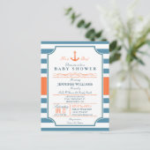 Nautisch blauw en Sinaasappel Anker Baby shower Uitnodiging Briefkaart (Staand voorkant)