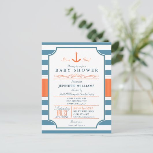 Nautisch blauw en Sinaasappel Anker Baby shower Uitnodiging Briefkaart (Staand voorkant)