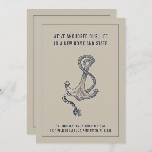 Nautisch Blauw en Taupe Anker Bewegen Aankondiging (Voorkant / Achterkant)