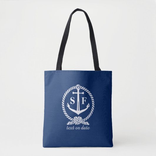 Nautisch blauw en wit anker Monogrammed Custom Tote Bag (Voorkant)