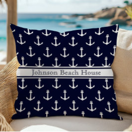 Nautisch Blauw En Wit Anker Patroon Naam Kussen