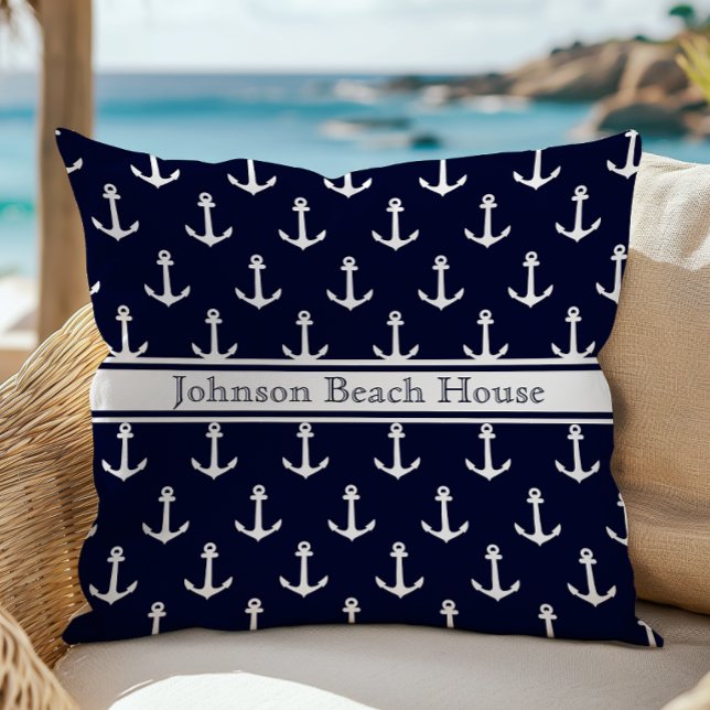 Nautisch Blauw En Wit Anker Patroon Naam Kussen (Creator heeft geüpload)