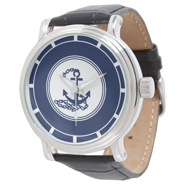 Nautisch blauw en wit anker symbool zeilstijl horloge (Gekanteld)