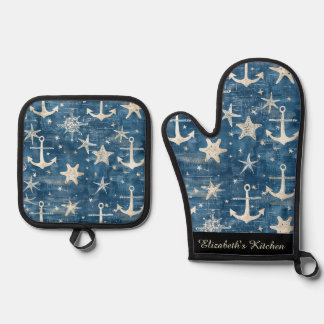 Nautisch, blauw en wit, ankers en zeesterren ovenwant & pannenlap set