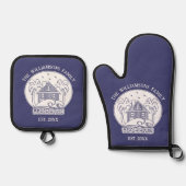 Nautisch Blauw en Wit Familie Strandhuis Anker Ovenwant & Pannenlap Set (Voorkant)