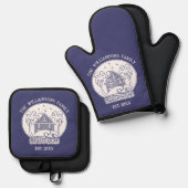 Nautisch Blauw en Wit Familie Strandhuis Anker Ovenwant & Pannenlap Set (Voorkant / Achterkant)